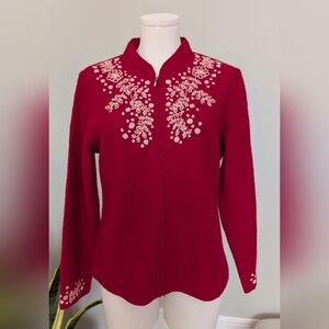 Vintage Appleseed's Women's Red Cardigan 100% Wool Embroidered Feminine Size M